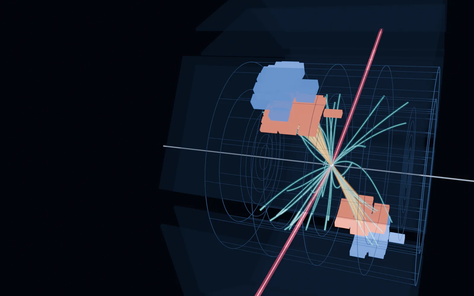 A drawing of a particle collision inside a barrel-shaped detector: curved tracks fan out from the centre, two sprays of particles hit blocks of the calorimeter, and two long tracks run out through the outer chambers